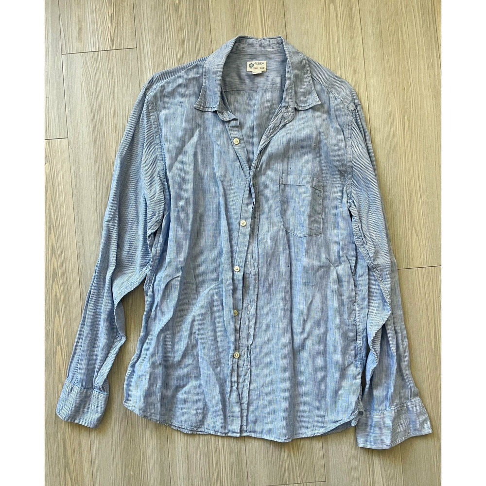 J.CREW Women's Sz L Blue White Striped Linen Long Sleeve Button-Up Shirt Preppy